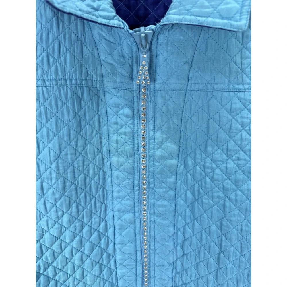 Quacker Factory Jacket Women's Sz XL Blue Silk Quilted Rhinestones‎ Coat Pockets